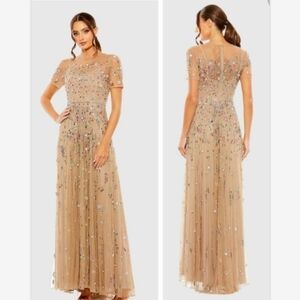 NWT Mac Duggal Beige Sleeve High Neck Embellished Sequin Detail A-Line Gown 12